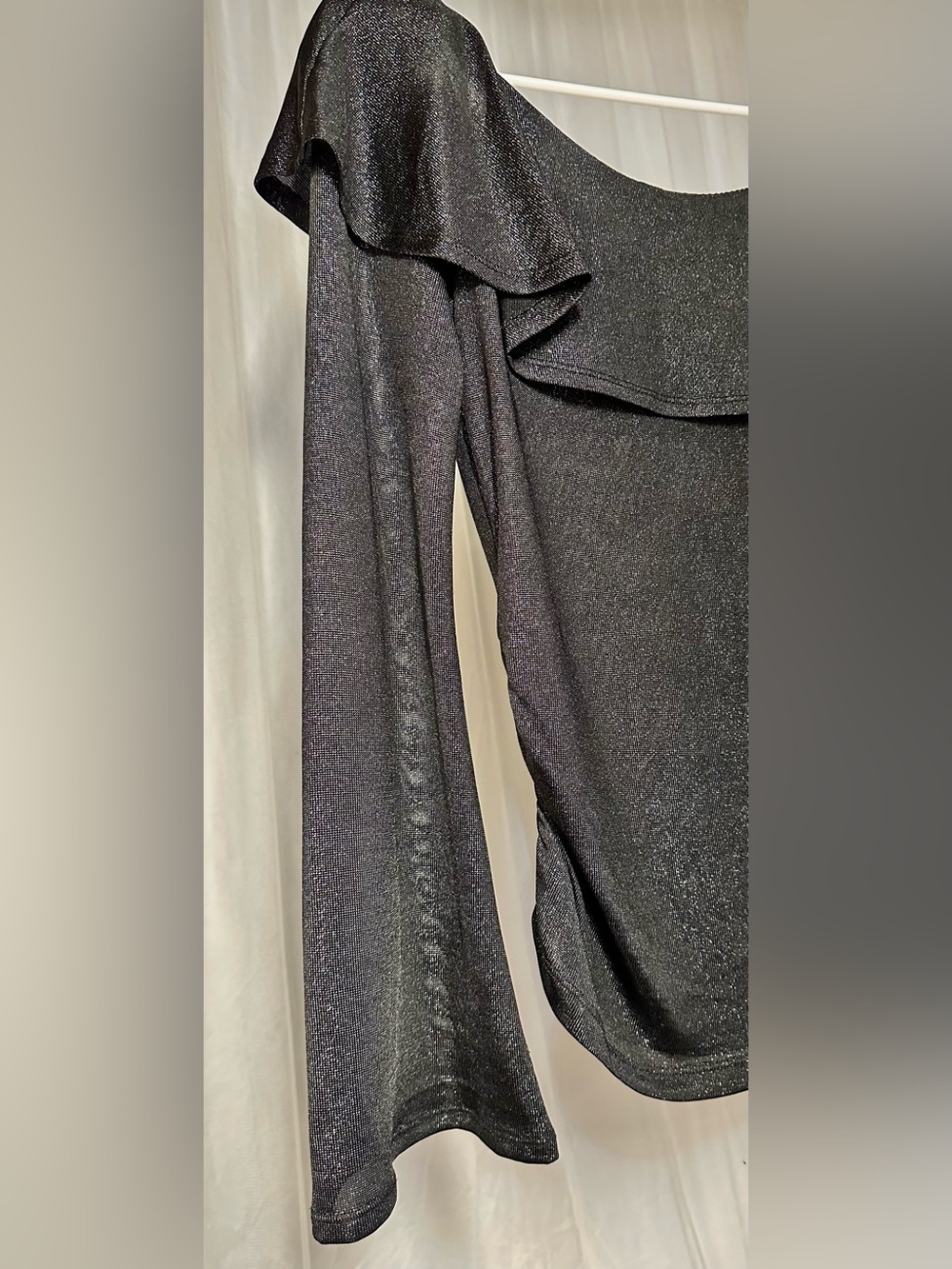 BEAUTIFUL ALT STAPLE by & by Black Shimmer Ruffle Off-Shoulder Long Sleeve Top